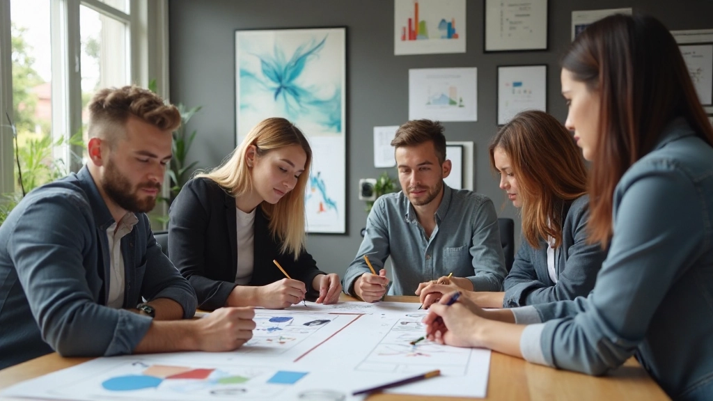 Креативная команда дизайнеров обсуждает брендовую стратегию в современном офисе