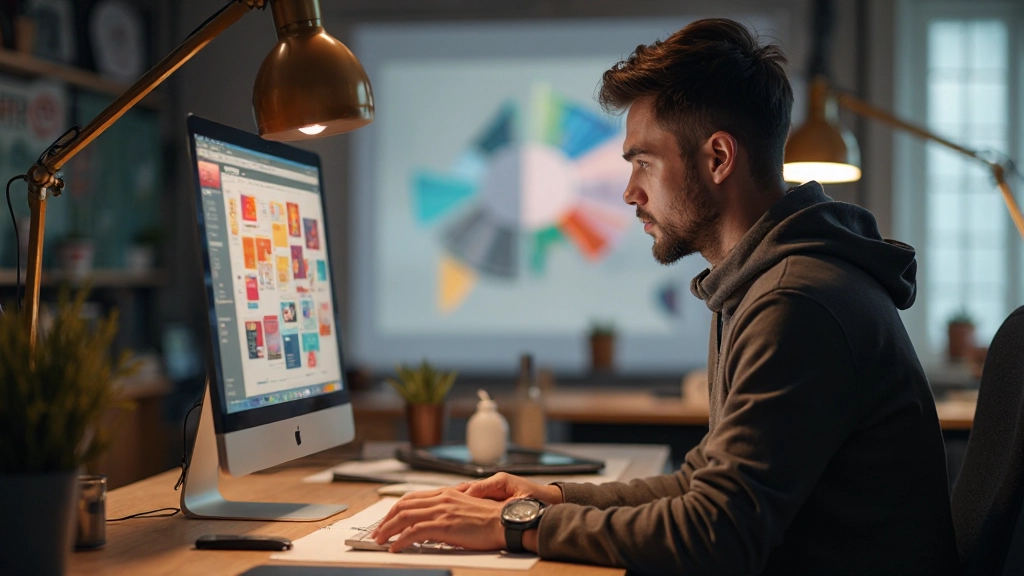 Дизайнер работает с палитрой цветов и элементами логотипа